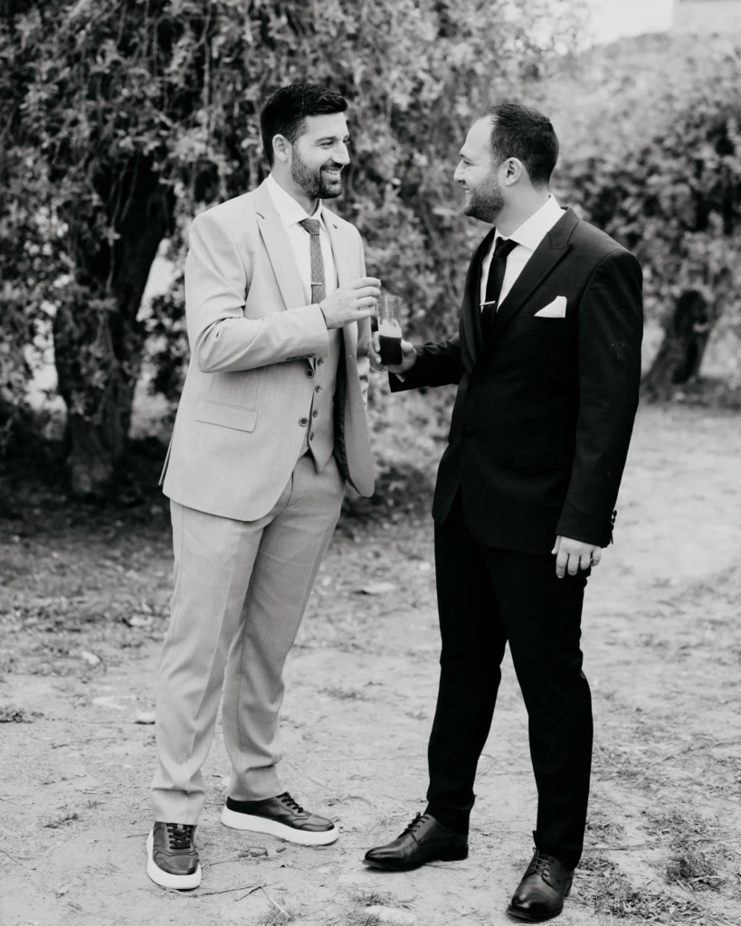 Marina and Giorgos with their friends after the wedding ceremony in Kavala