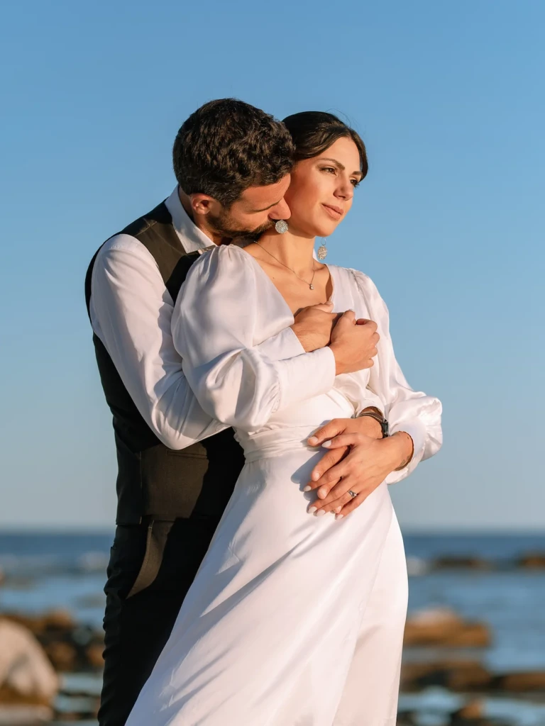 Hara and Giannis in a quiet evening moment after their Thassos island wedding
