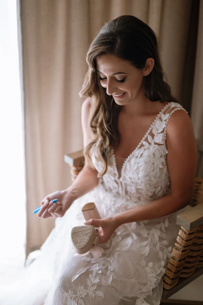 Bride Maria before her summer wedding ceremony in Thassos