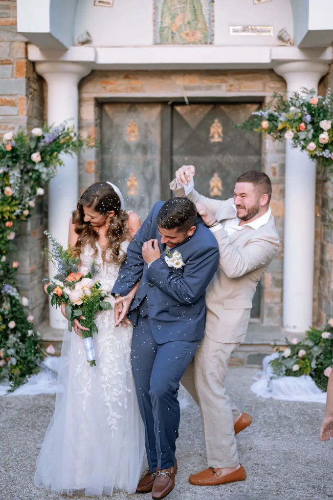 Maria and Giannis during their wedding ceremony at the church in Skala Rachoni, Thassos